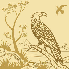 Naklejka premium A linear illustration of a bird of prey sitting on a branch. Flat style. Vector image.