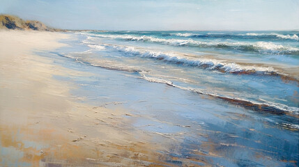 Obraz premium impressionism oil painting with thick impasto brush strokes of waves on a sandy beautiful beach with puffy clouds. using muted browns, blues, and white. 