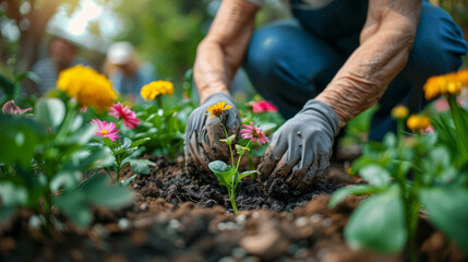 Fototapeta premium Gardener Planting Flowers in a Vibrant Community Garden