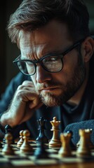 Intense chess match played indoors with a focused player studying the board and pieces