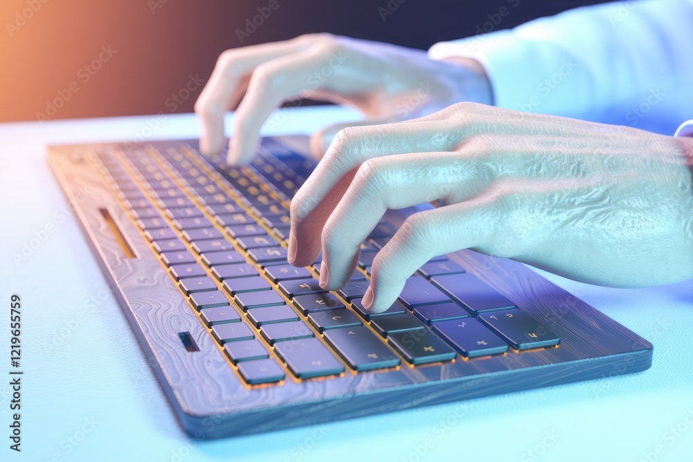 Poster hands typing on a sleek, wooden keyboard with illuminated keys, suggesting digital work or creative 