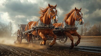 Two chestnut horses pull cart, fast, dusty road.