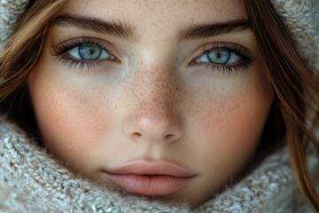 Close-up portrait of a woman with freckles, could be used for beauty or personal care related content