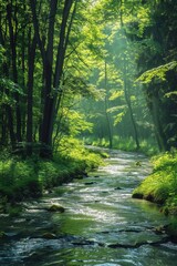 Obraz premium Tranquil Forest River Scene with Sunlit Leaves in Nature's Embrace