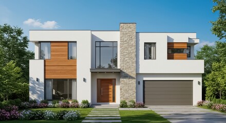 A modern two story home with a minimalist aesthetic featuring white stucco walls natural wood paneling and a vertical stone feature