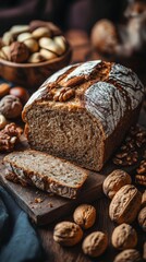 Fototapeta premium Freshly baked artisan bread topped with nuts and seeds on wooden table
