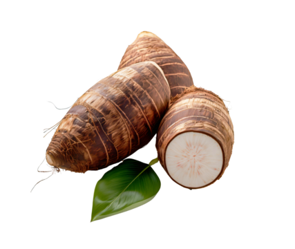 Taro Root: A close-up image of fresh taro root, showcasing the brown, textured skin and white flesh, with a single green leaf adding a pop of color.