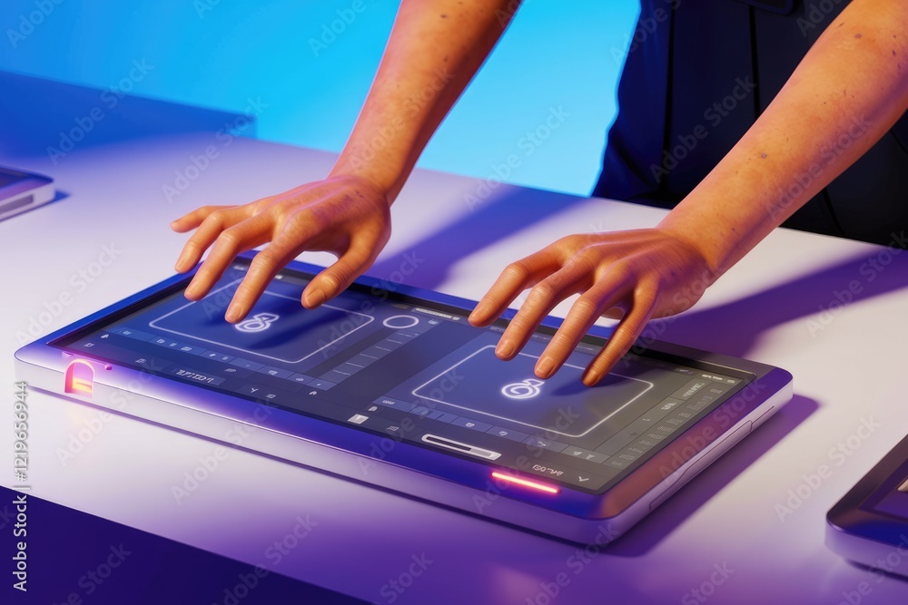 Aufkleber Hands interacting with a futuristic dual-screen tablet interface, displaying intuitive controls and user-friendly design.