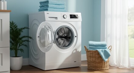 A bright and cozy laundry room featuring a modern white front loading washing machine with its door open