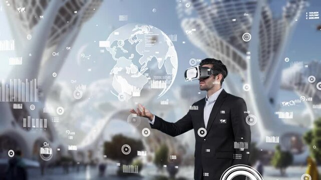 Professional business man holding network globe hologram while wearing VR glasses. Skilled project manager looking and checking at networking communication with financial chart floating. Apparatus.
