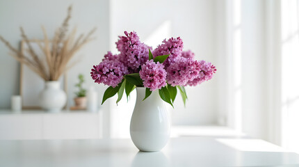 Fototapeta premium Purple flowers in a vase on a table in a minimalist white interior