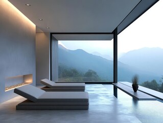 Fototapeta premium This minimalist interior features cozy lounge chairs, large floortoceiling windows, and stunning mountain views in vibrant daylight, creating an inviting space ideal for relaxation