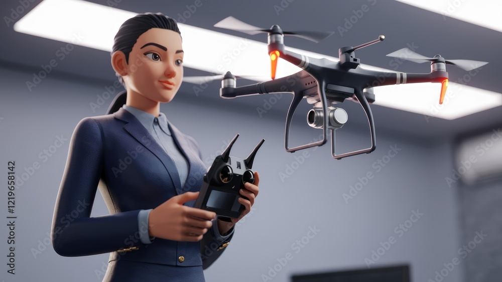 Poster a businesswoman operates a drone using a controller, showcasing modern technology in a professional 