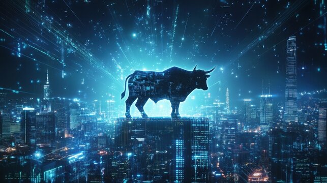 Holographic bull representing a bull market trend stands above a futuristic cityscape with digital data streams flowing, symbolizing the optimistic outlook and growth in the financial markets