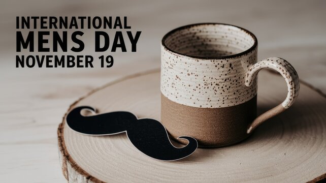 Coffee mug  mustache on wood  celebrating Mens Day Nov 19. - Powered by Adobe