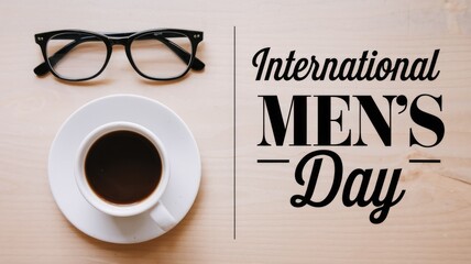 A cup of coffee  glasses  and the words International Mens Day on a wooden surface.