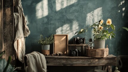 Fototapeta premium Rustic kitchen with potted plants and vintage decor