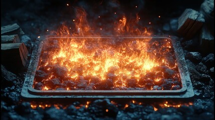 Forge fire burning hot coals, dark workshop