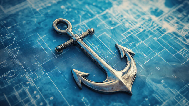 Ship Anchor Symbol Incorporated into a Marina or Port Blueprint, Highlighting Nautical Themes and Efficient Maritime Infrastructure Design
