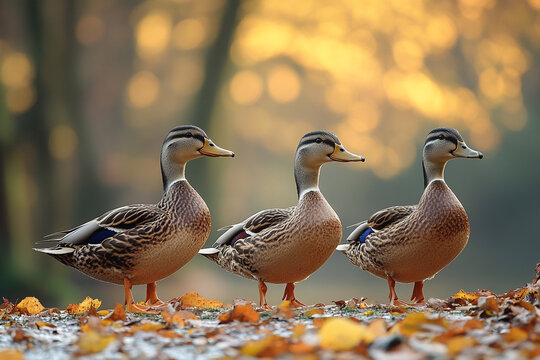 Three Female Mallards Resting Among Autumn Leaves