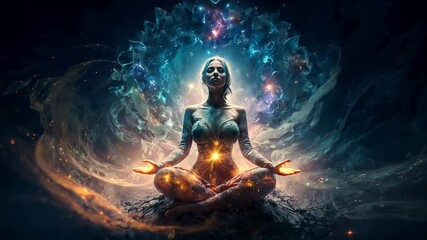 Woman practices yoga and meditation with space energy at night, fantasy view, concept of health, esoteric, magic.  - Powered by Adobe