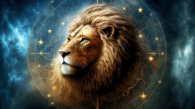 Zodiac sign of Leo, head of lion with magic light in star wheel, concept of horoscope, astrology, sky, future and space. 
