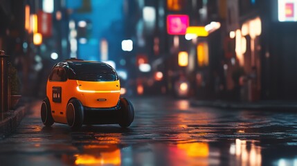 Autonomous delivery robot navigating a city street at night with colorful lights