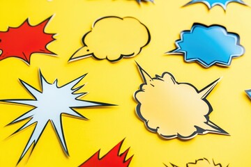 Collection of colorful speech bubbles on a bright yellow background, ideal for humorous and playful designs