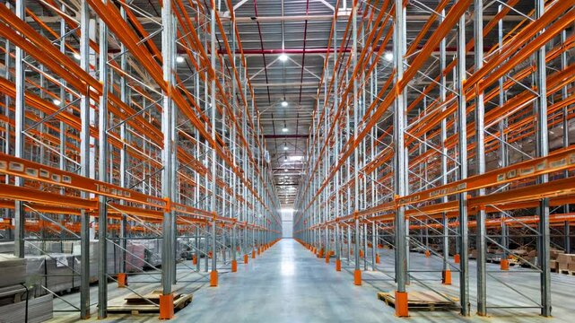 Inside big warehouse, panorama of modern metal shelving and racking system. 