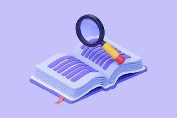 A magnifying glass sits atop an open book  symbolizing research and knowledge discovery.