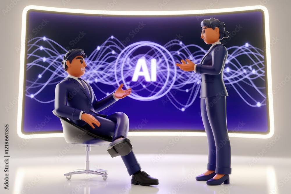Poster Two businesspeople discuss AI, visualized with a futuristic screen displaying AI and abstract data waves.