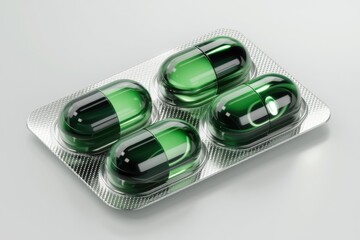 A blister pack of four green capsules  likely medication.