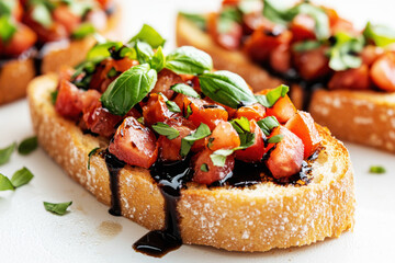 Delicious bruschetta topped with diced tomatoes, fresh basil, and balsamic glaze served on a crisp slice of bread