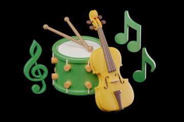 A green drum and yellow violin with music notes on a transparent background.