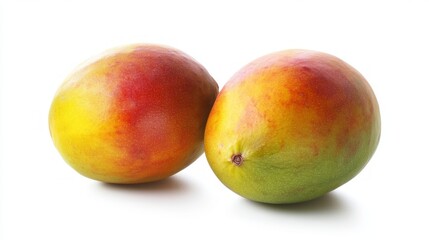 Two ripe mangoes on white background, healthy eating concept, food photography