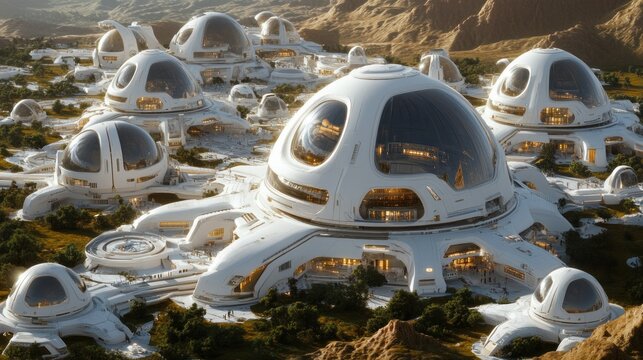 Futuristic dome city desert sunrise habitat