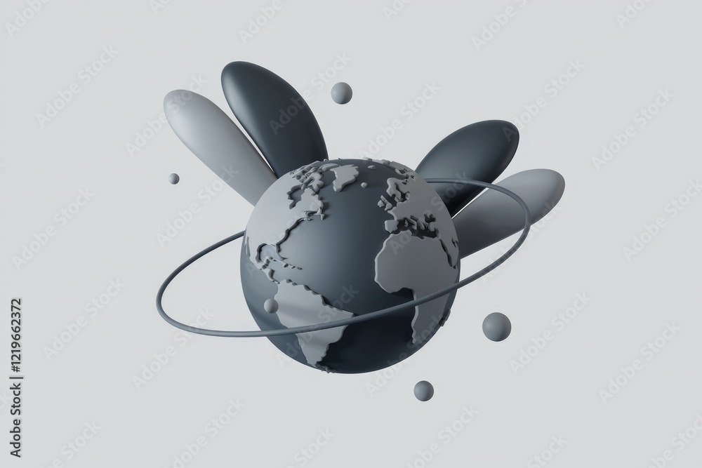 Poster stylized 3d rendering of earth encircled by orbiting elements, showcasing a minimalist design aesthe