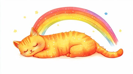 Adorable Rainbow Cat Cartoon Sleeping - Funny Animal Character Image