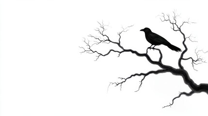 A silhouette of a bird perched on a bare branch against a minimalistic background.