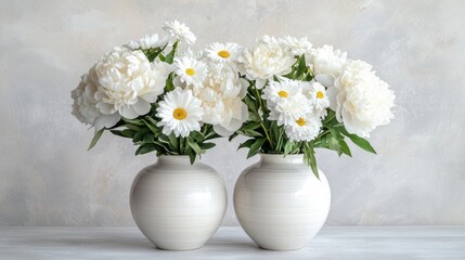 Two white peonies and daisies vases on table. Spring flowers interior decoration