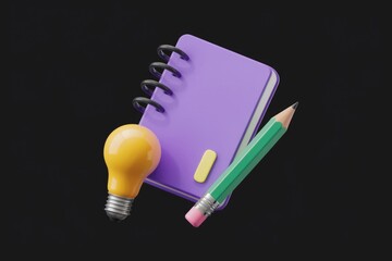 A purple notebook with a pencil and lightbulb  symbolizing ideas and creativity.