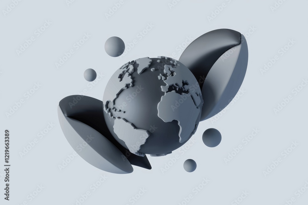 Poster stylized 3d model of earth surrounded by abstract shapes, conveying global concepts.