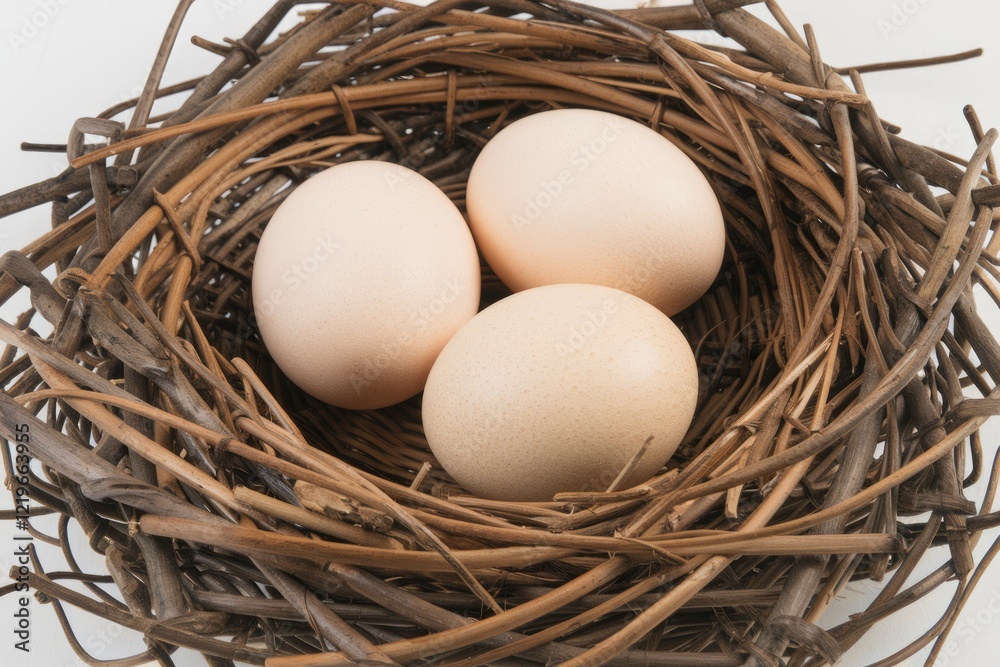 Poster Three light brown eggs nestled in a rustic twig nest.