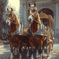 Obraz premium Two majestic horses pull ornate golden carriage.
