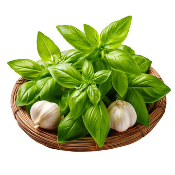 Basil and Garlic: Fresh, vibrant green basil leaves and two plump garlic cloves are nestled together in a rustic woven basket, ready to add their unique flavors to your culinary creations.  