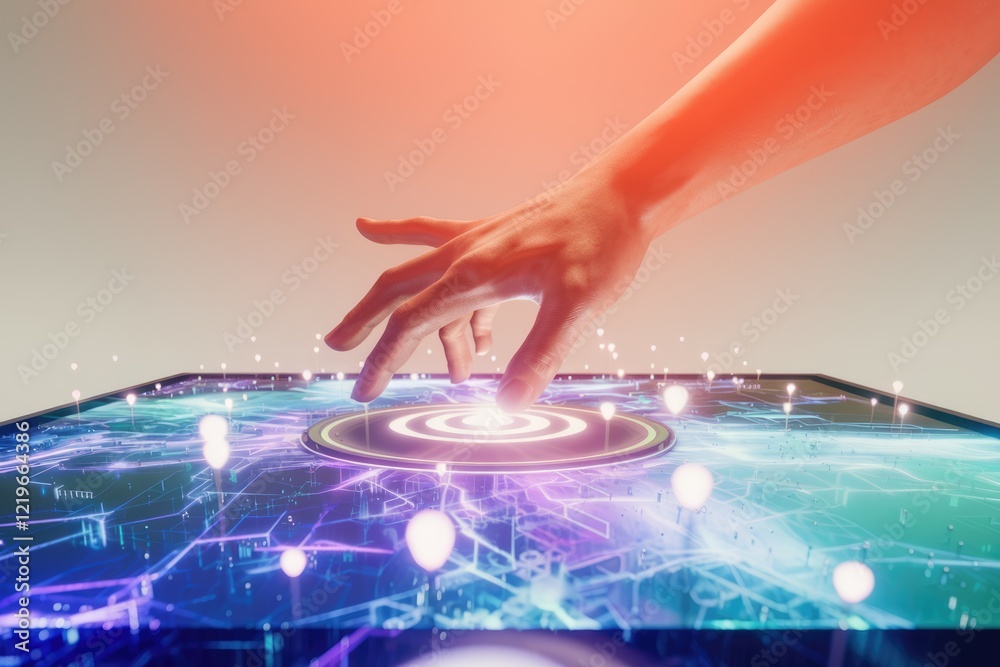 Aufkleber A hand interacts with a futuristic holographic interface displaying interconnected nodes, representing data networks and digital interactions.