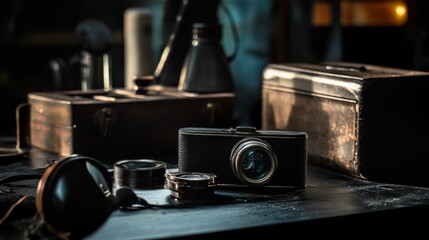 Vintage camera and accessories on a rustic table