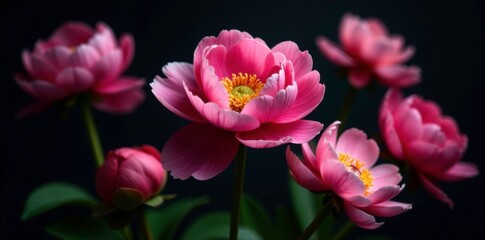 Fototapeta premium Colorful peony flowers isolated on dark background, pink, blossom, nature