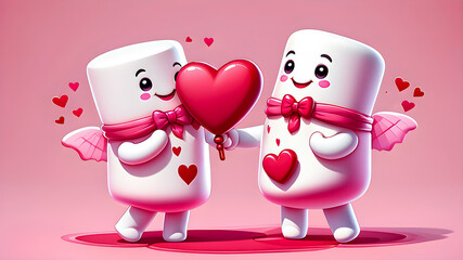 Obraz premium cute cartoon marshmallows with heart. illustration of sweets on a background with hearts. Valentine's Day.