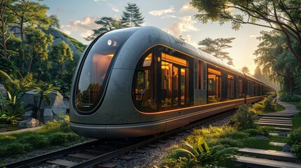 A futuristic electric train with a sleek, eco-friendly design, featuring solar panels on the roof and a streamlined body made from sustainable materials; surrounded by modern green landscapes